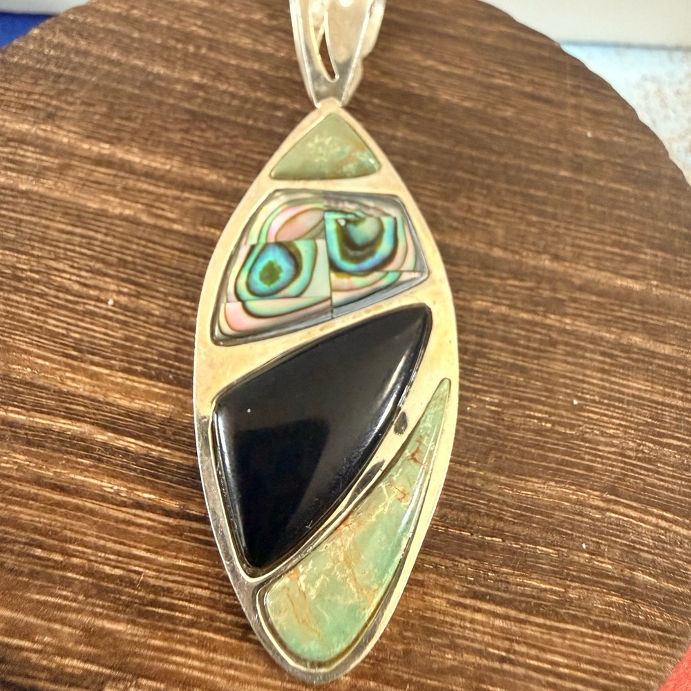 925, Silver DTR, Jay King Multi Stone Statement Pendant, Onyx & Abalone 3”